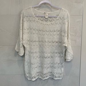 Loose knit three quarter length sweater, great for layering, scoop neck cut